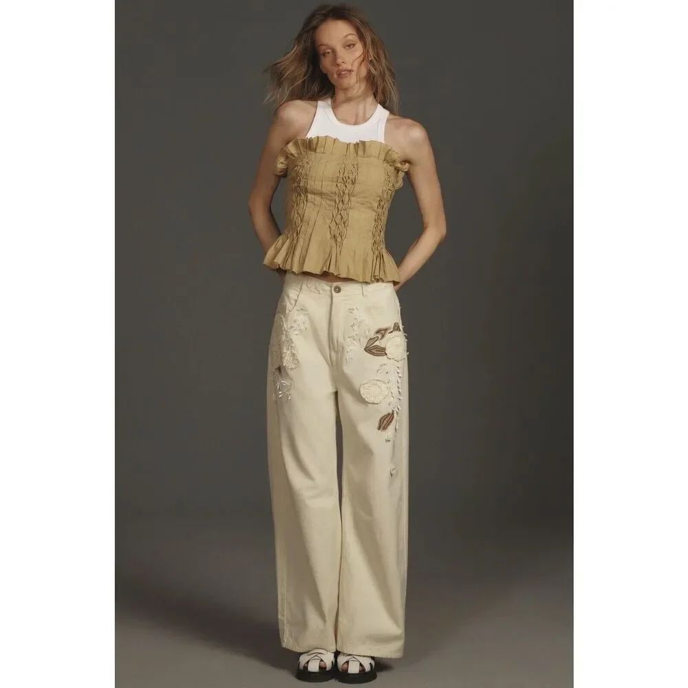 Anthropologie Pilcro Embroidered Cropped Bow Pants